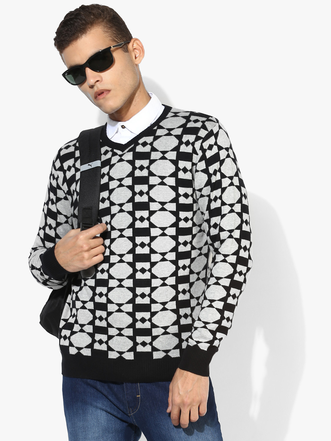 Grey Printed V Neck Sweater