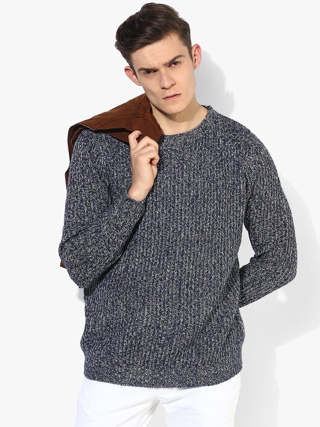 Navy Blue Textured Round Neck Sweater