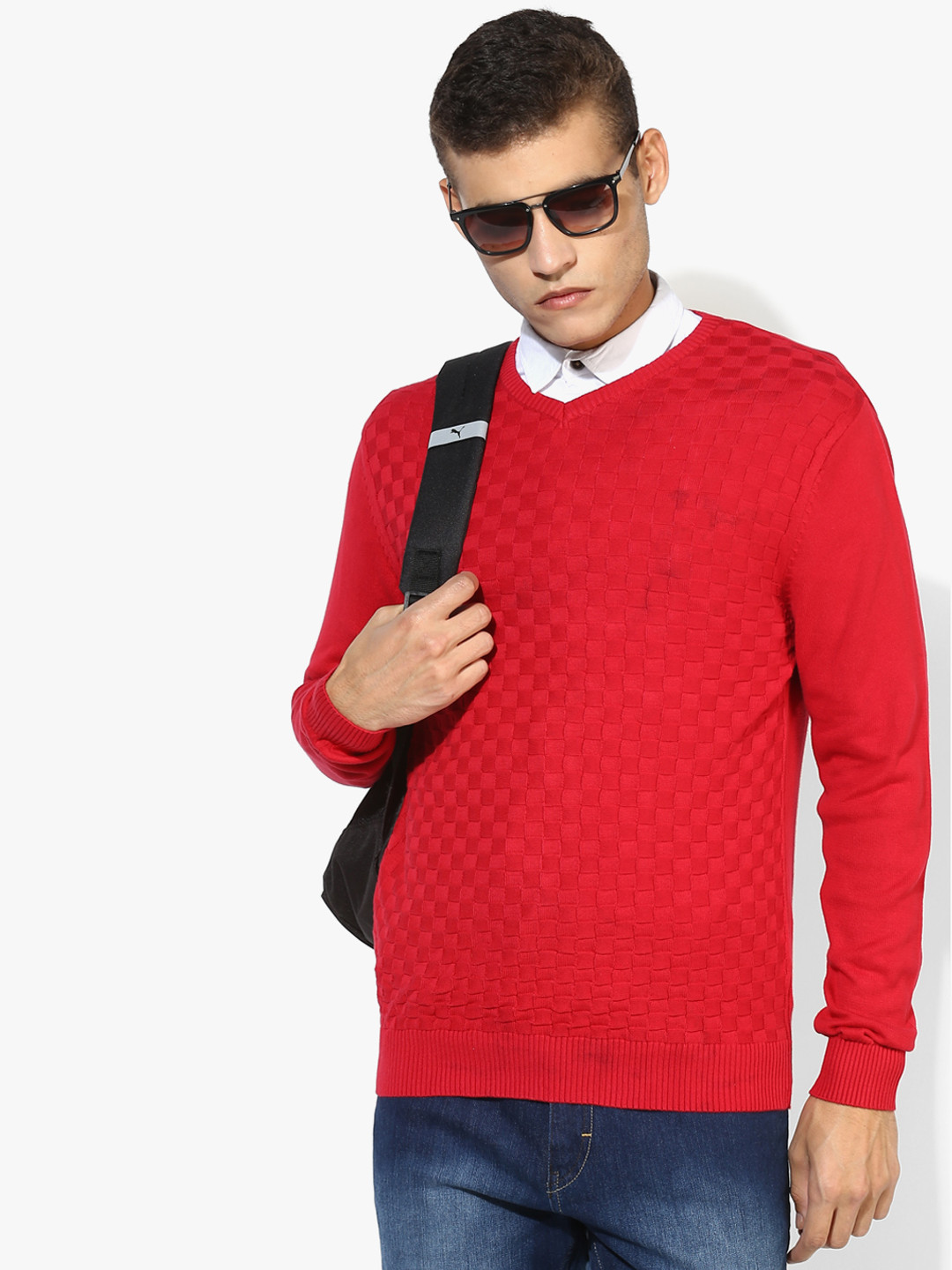 Red Textured V Neck Sweater