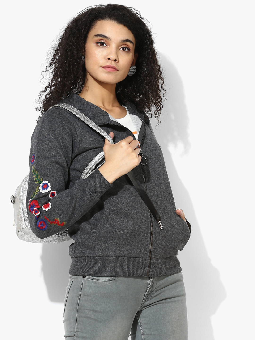 Deal Jeans Charcoal Grey Solid Hooded Sweat Jacket