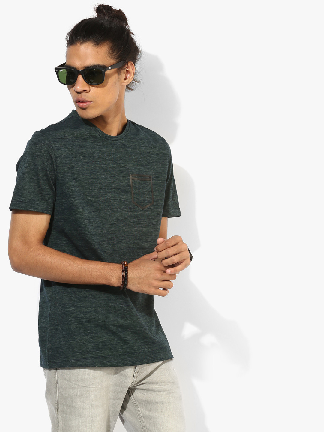 Green Textured Regular Fit Round Neck T-Shirt