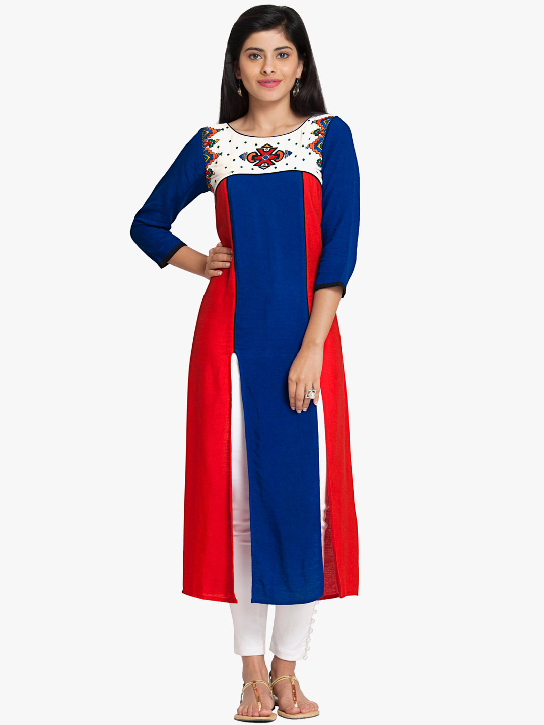 Naari Women Blue & Red Solid Pure Cotton Straight Kurti