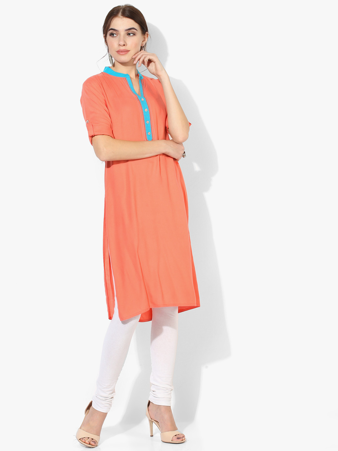 F Loop Women Peach-Coloured Solid Straight Kurta