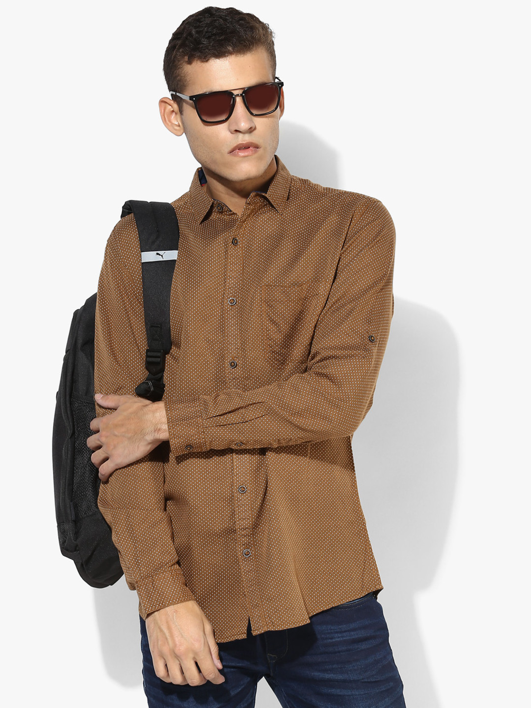 Brown Printed Slim Fit Casual Shirt