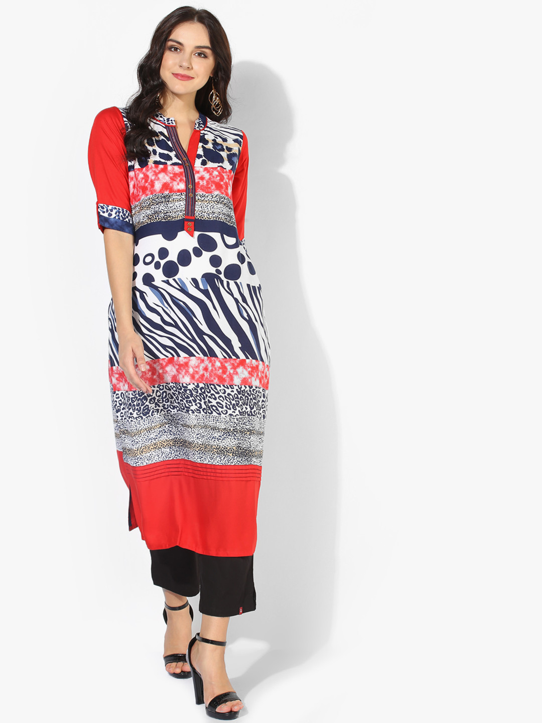 F Loop Women Red & Black Printed Straight Kurta