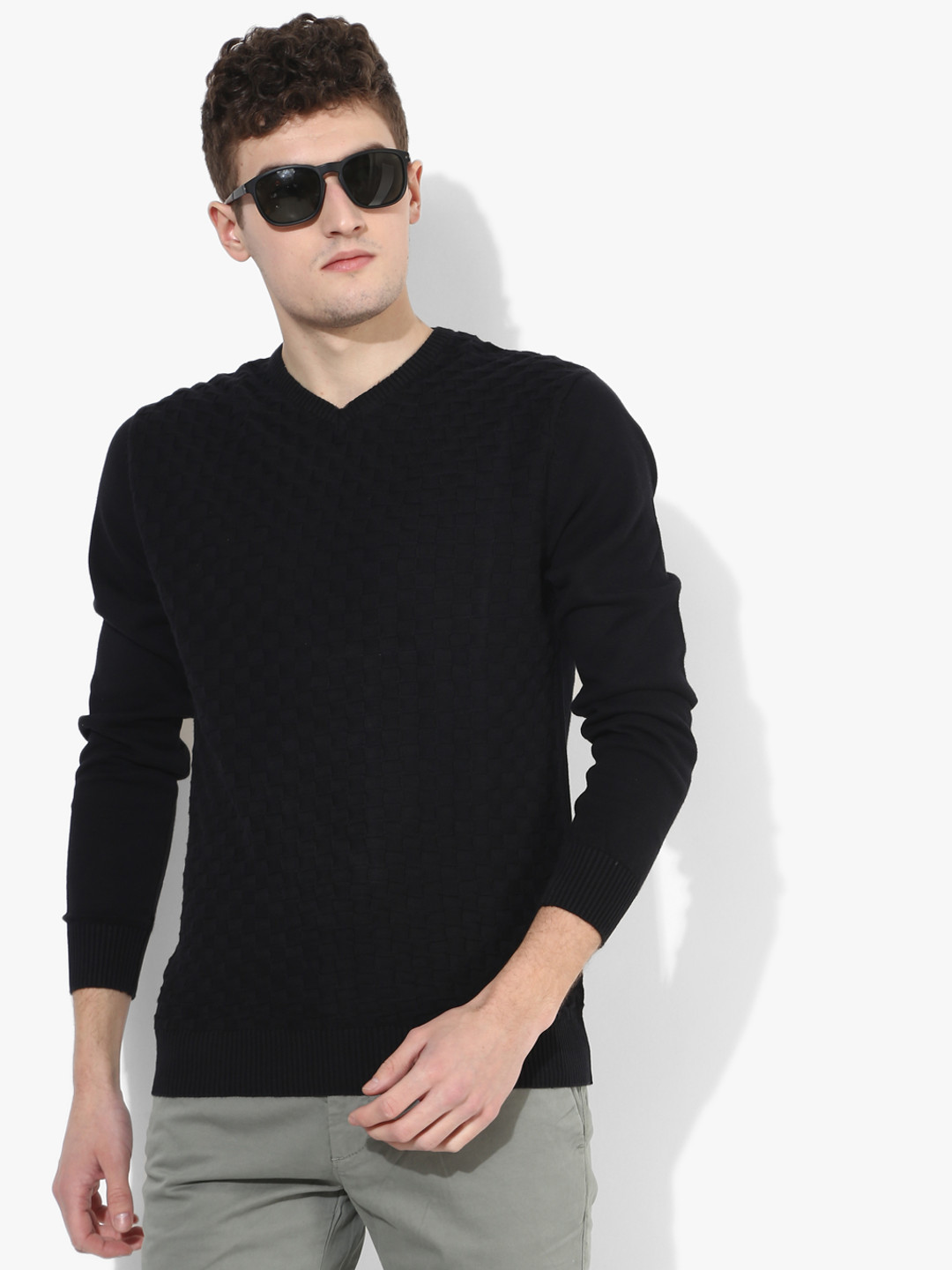 Black Solid V Neck Sweater