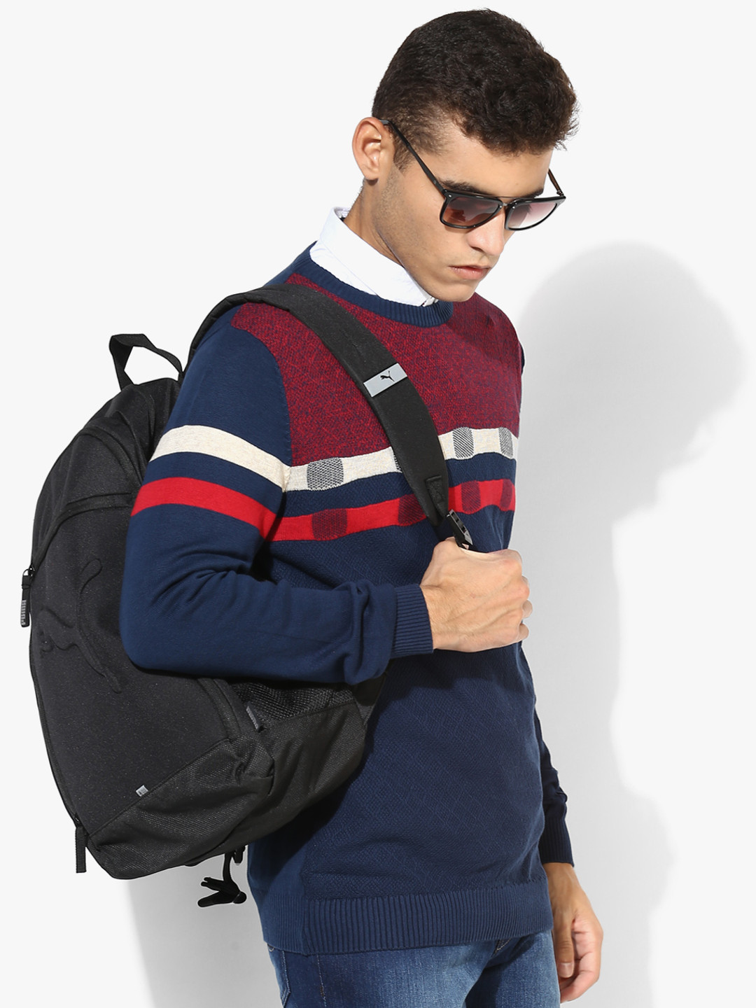 Navy Blue Textured Round Neck Sweater