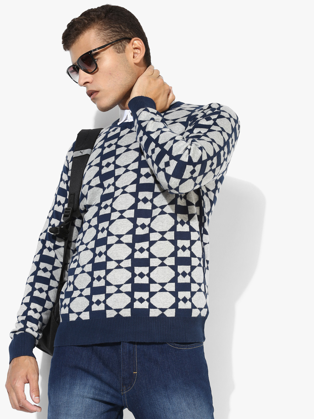 Grey Printed V Neck Sweater