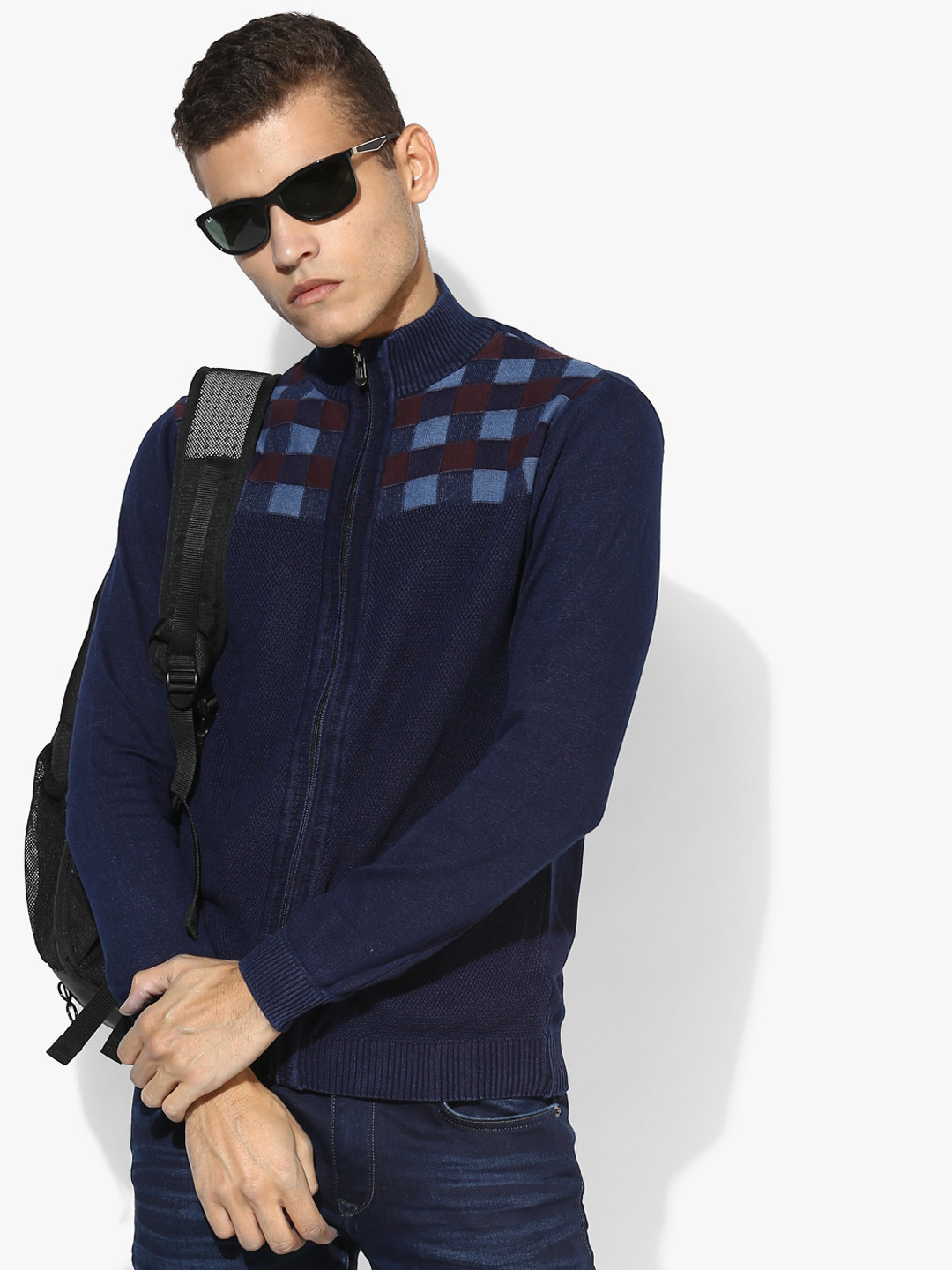 Navy Blue Checked Cardigan