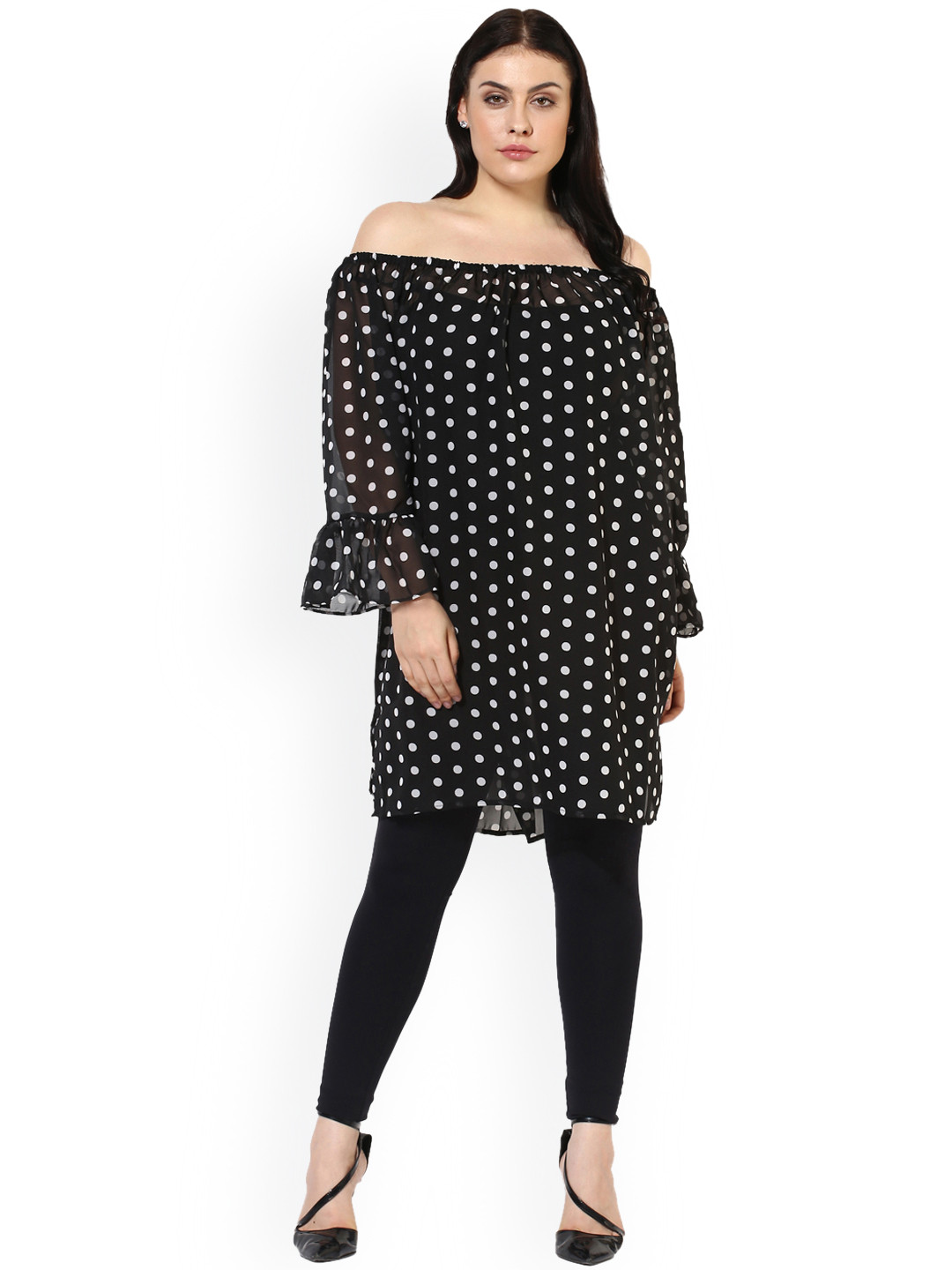 Qurvii Plus Size Black  White Printed Tunic