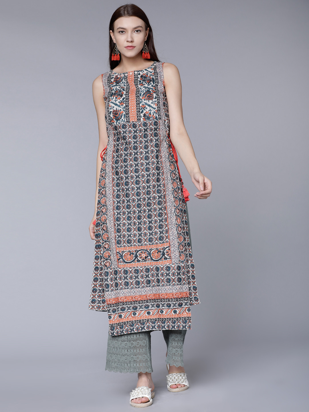 Vishudh Women Teal & Rust Printed Kurta with Palazzos