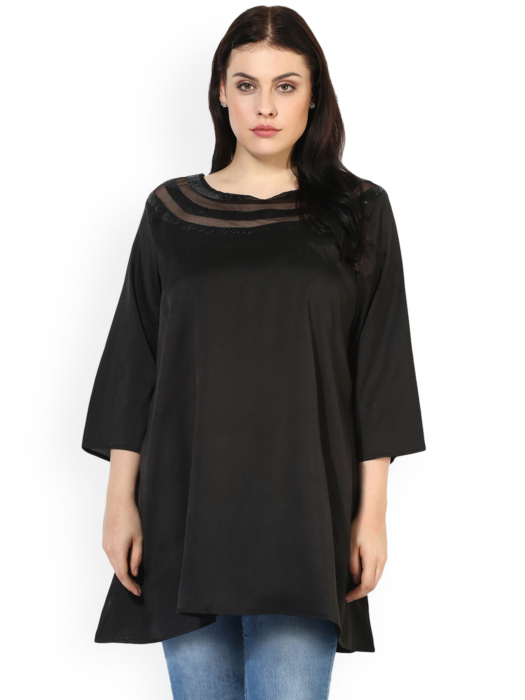 Qurvii Plus Size Black Solid Tunic