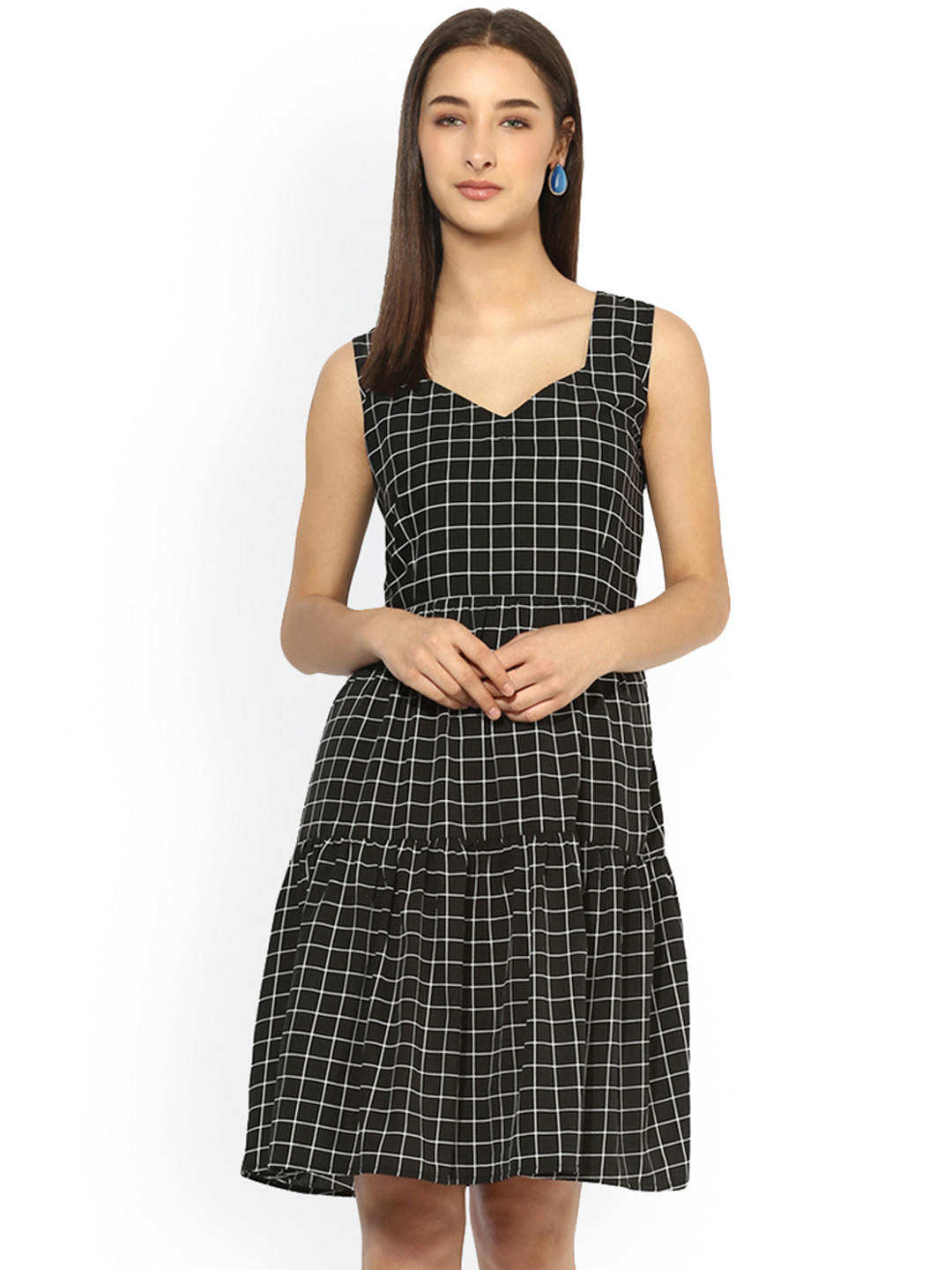 Qurvii Plus Size Women Black  White Checked Fit and Flare Dress