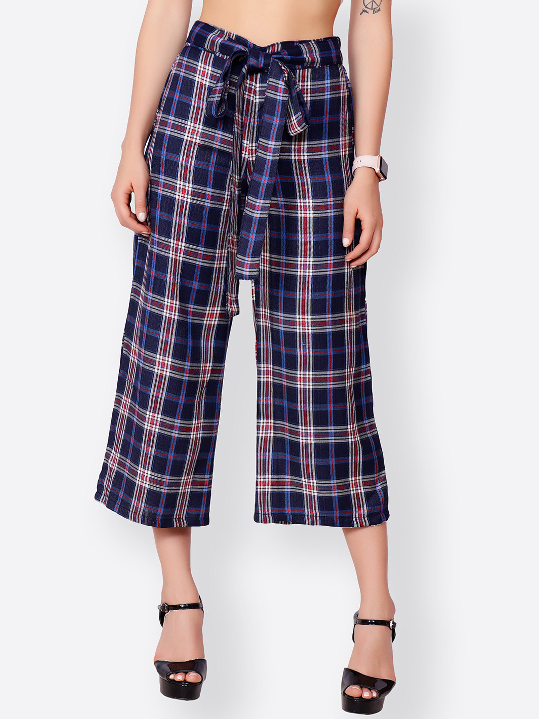 SCORPIUS Women Navy Blue & White Checked Wide Leg Cropped Palazzos