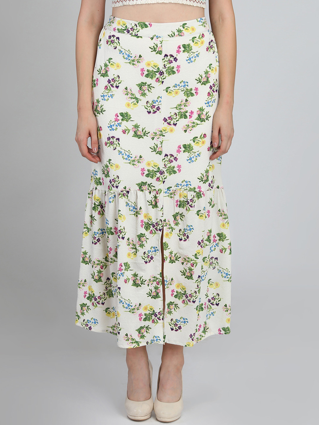 DODO & MOA Women Off-White and Green Printed Maxi Skirt