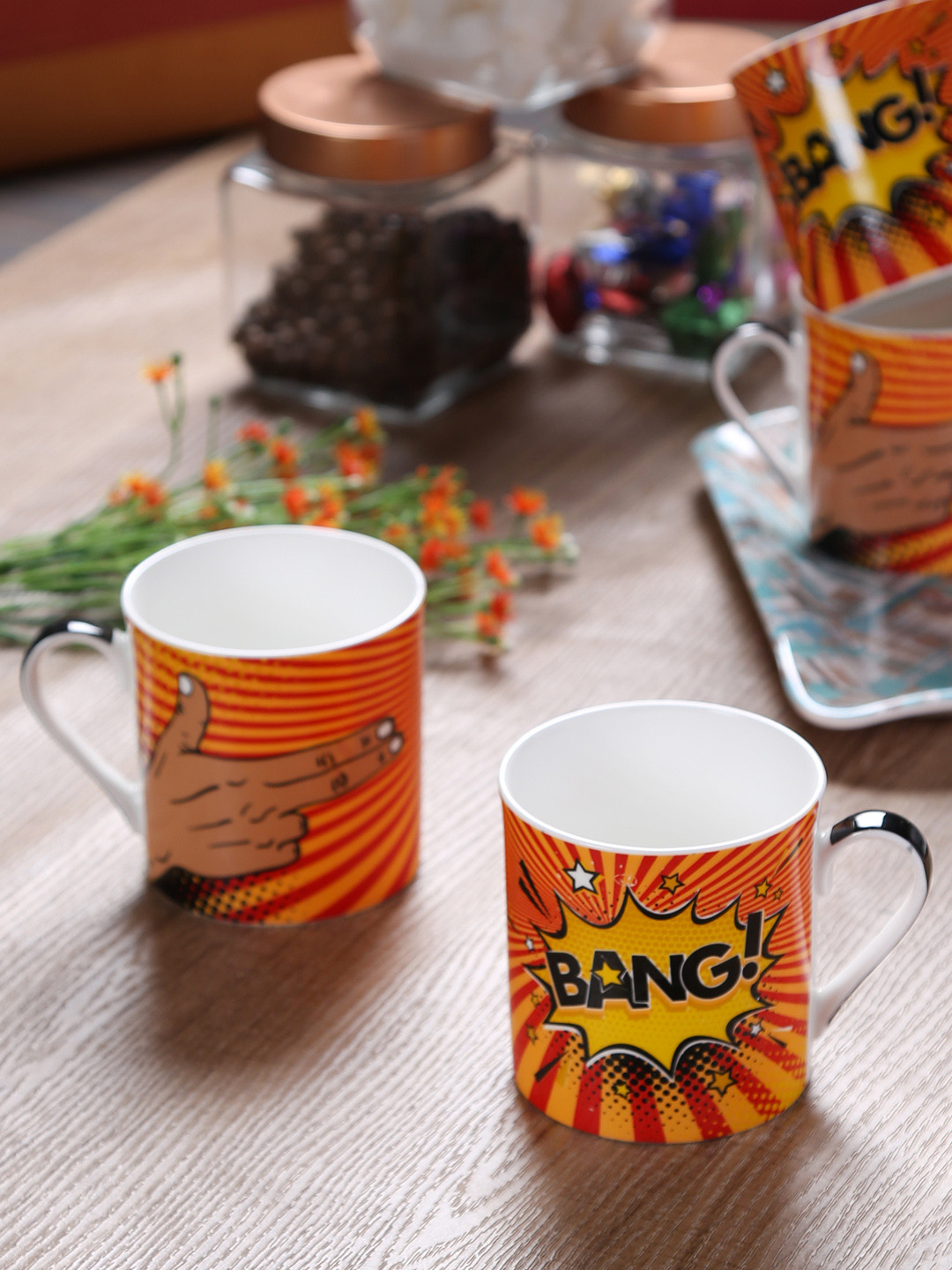 GOODHOMES Orange Printed Bone China Pack Of 4 Cup Sets