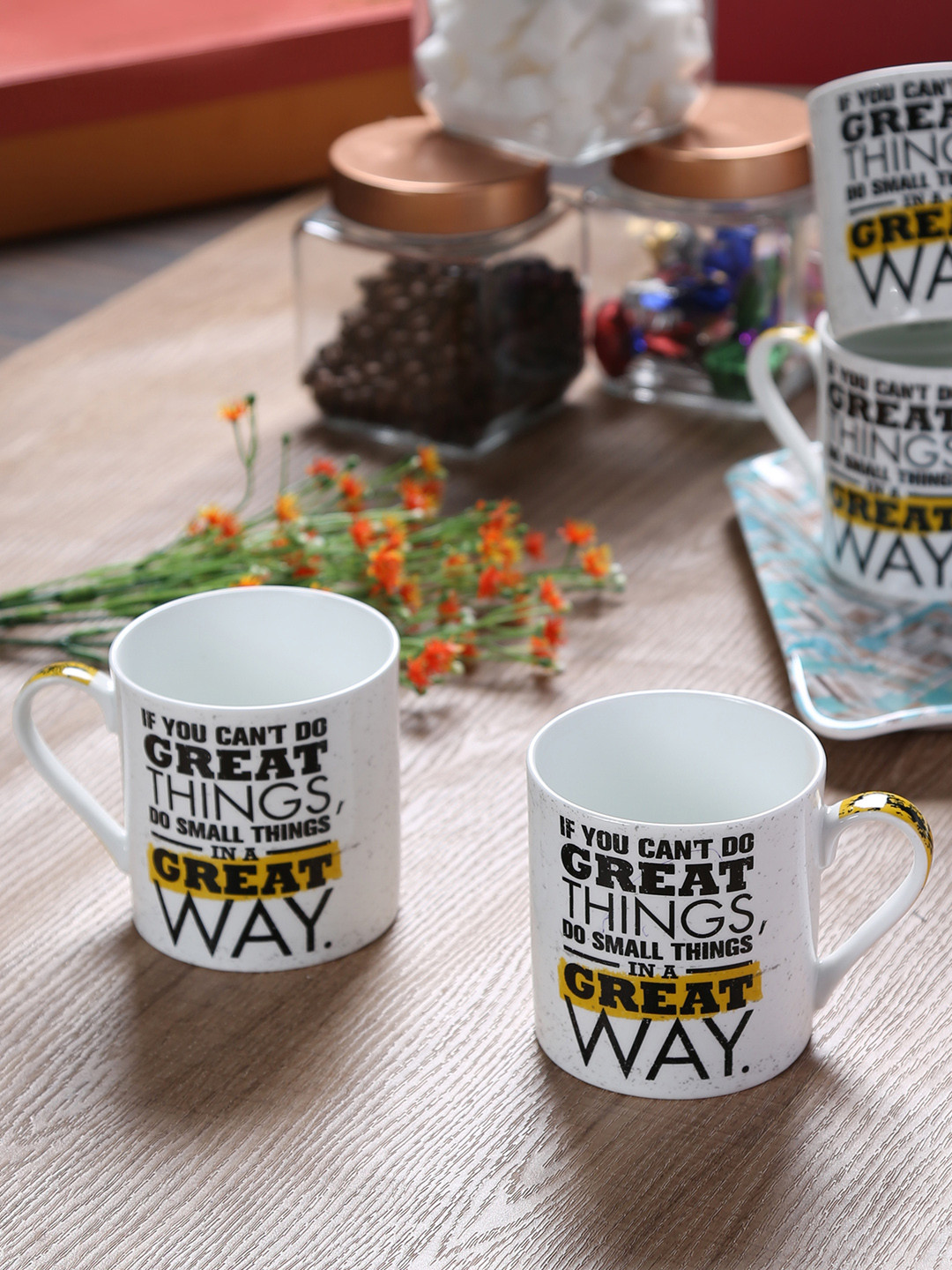 GOODHOMES Wavy Textured White Typography Bone China Microwave Safe 4 Piece Mugs-350ml