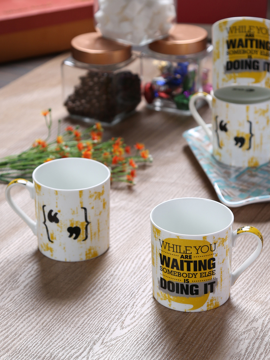 GOODHOMES White Printed Bone China Pack Of 4 Cup Sets