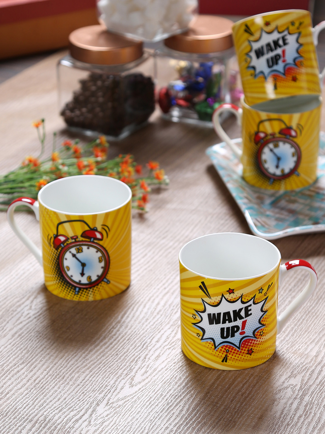 GOODHOMES Yellow Printed Bone China Pack Of 4 Cup Sets