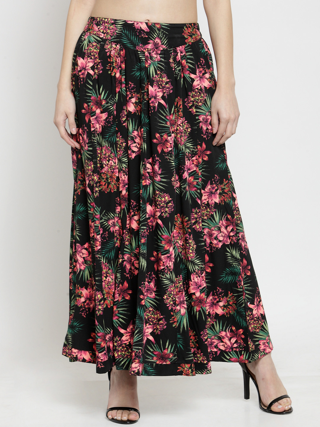 Sera Women Black Floral Print Maxi Skirt