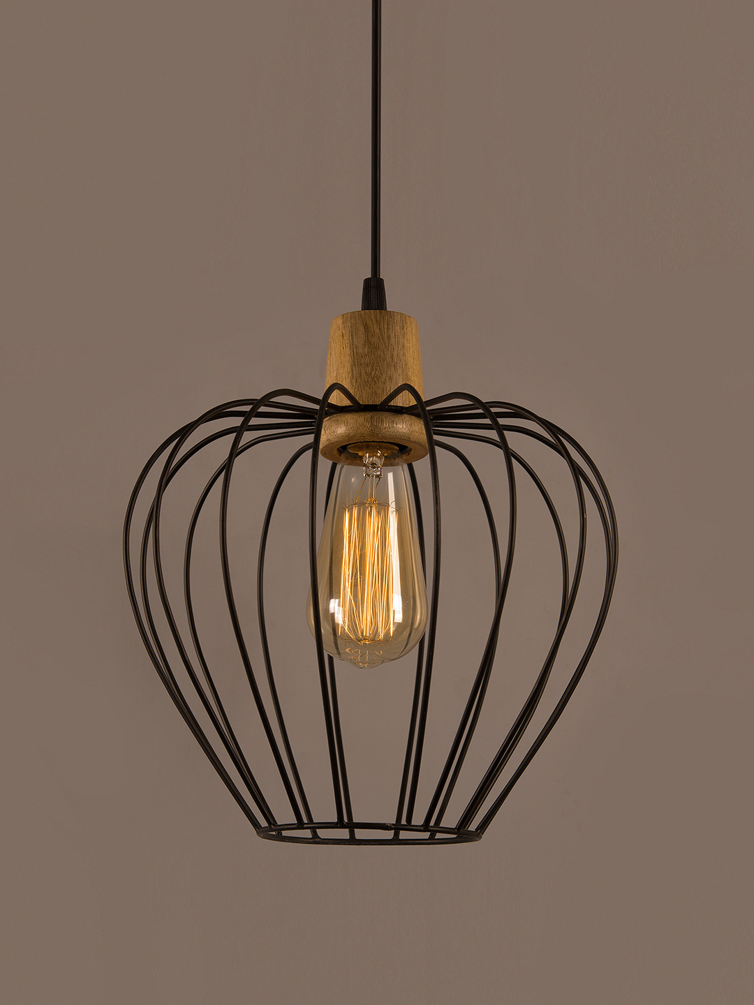 Homesake Black Metal Chimney Cage Wood Pendent Lamp