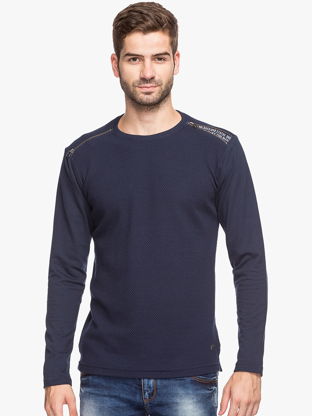Status Quo Men Navy Blue Self Design Sweatshirt