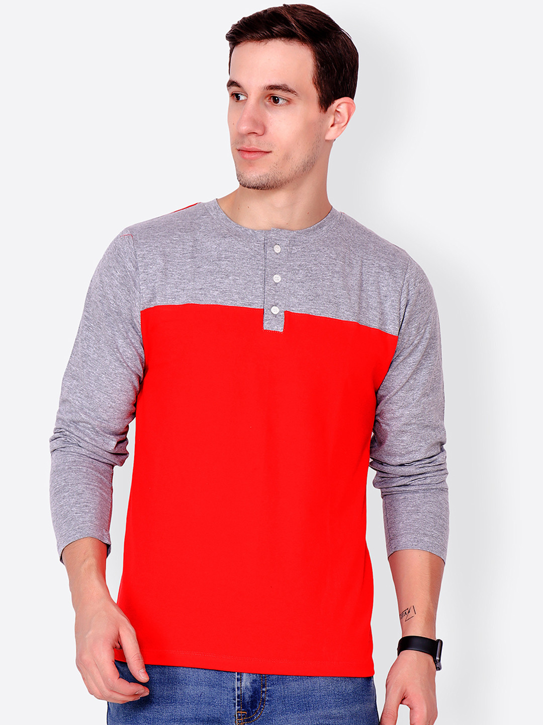 Cation Men Red & Grey Melange Colourblocked Henley Neck T-shirt