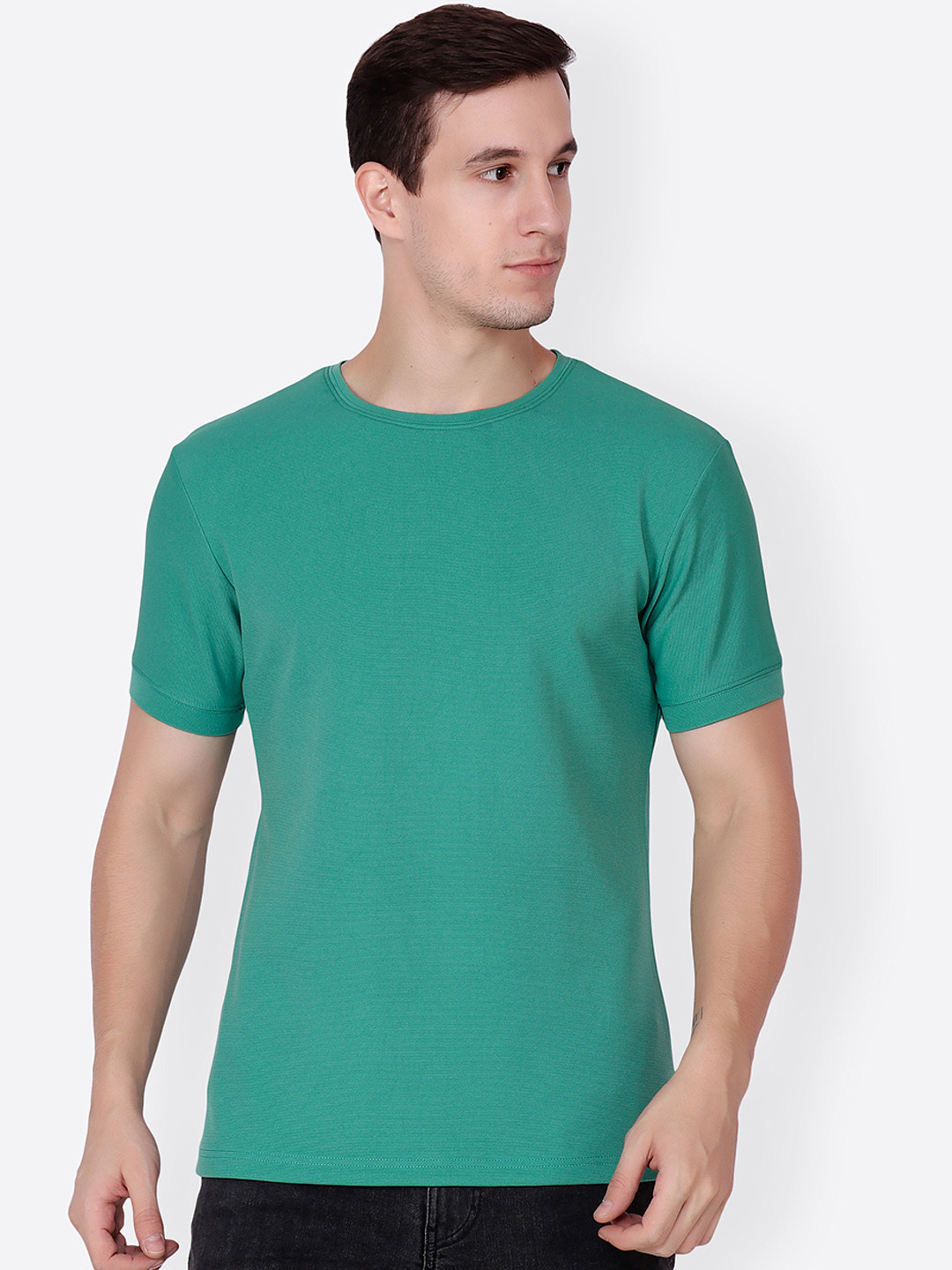 Cation Men Green Solid Round Neck T-shirt