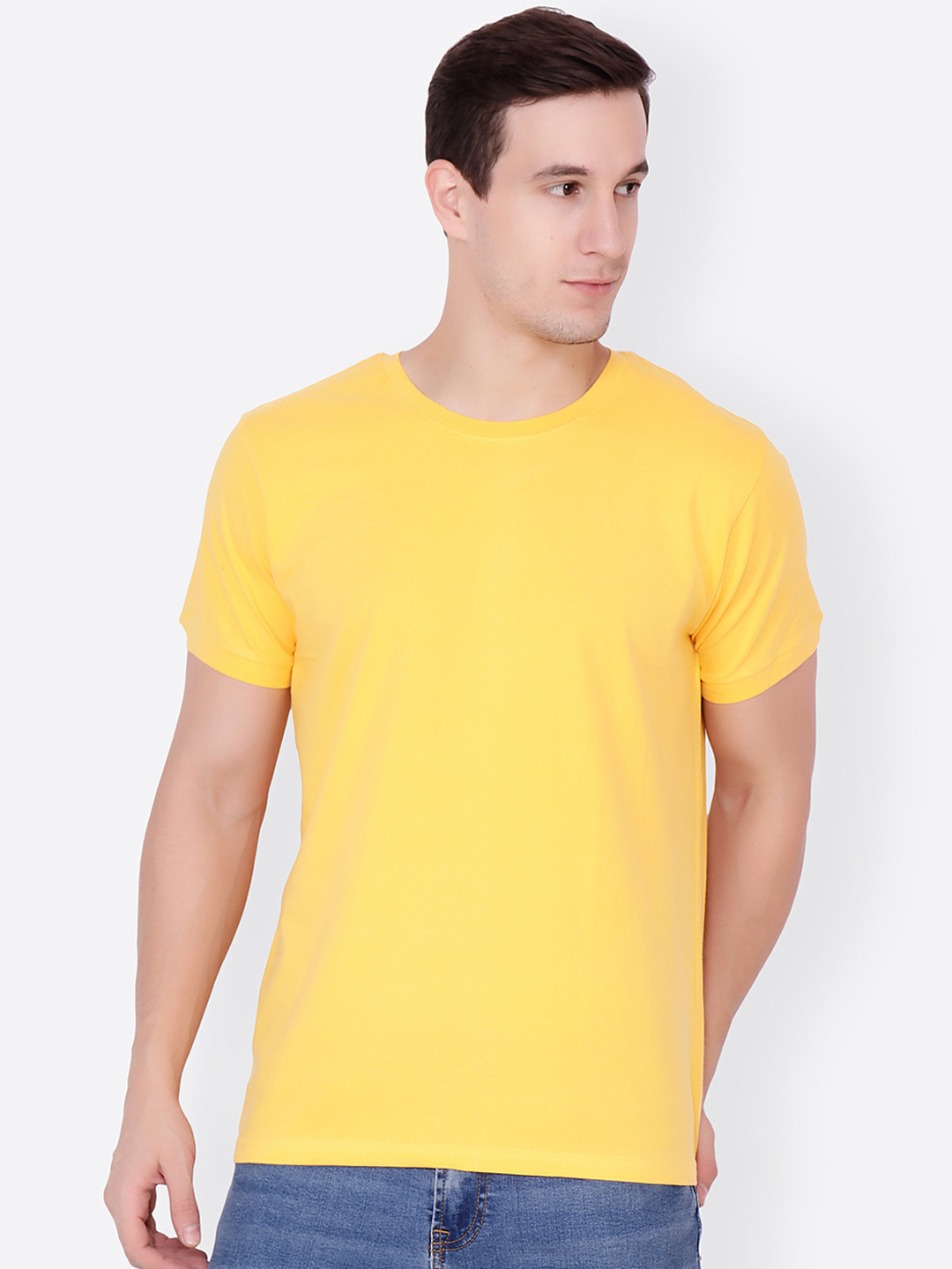 Cation Men Yellow Solid Round Neck T-shirt