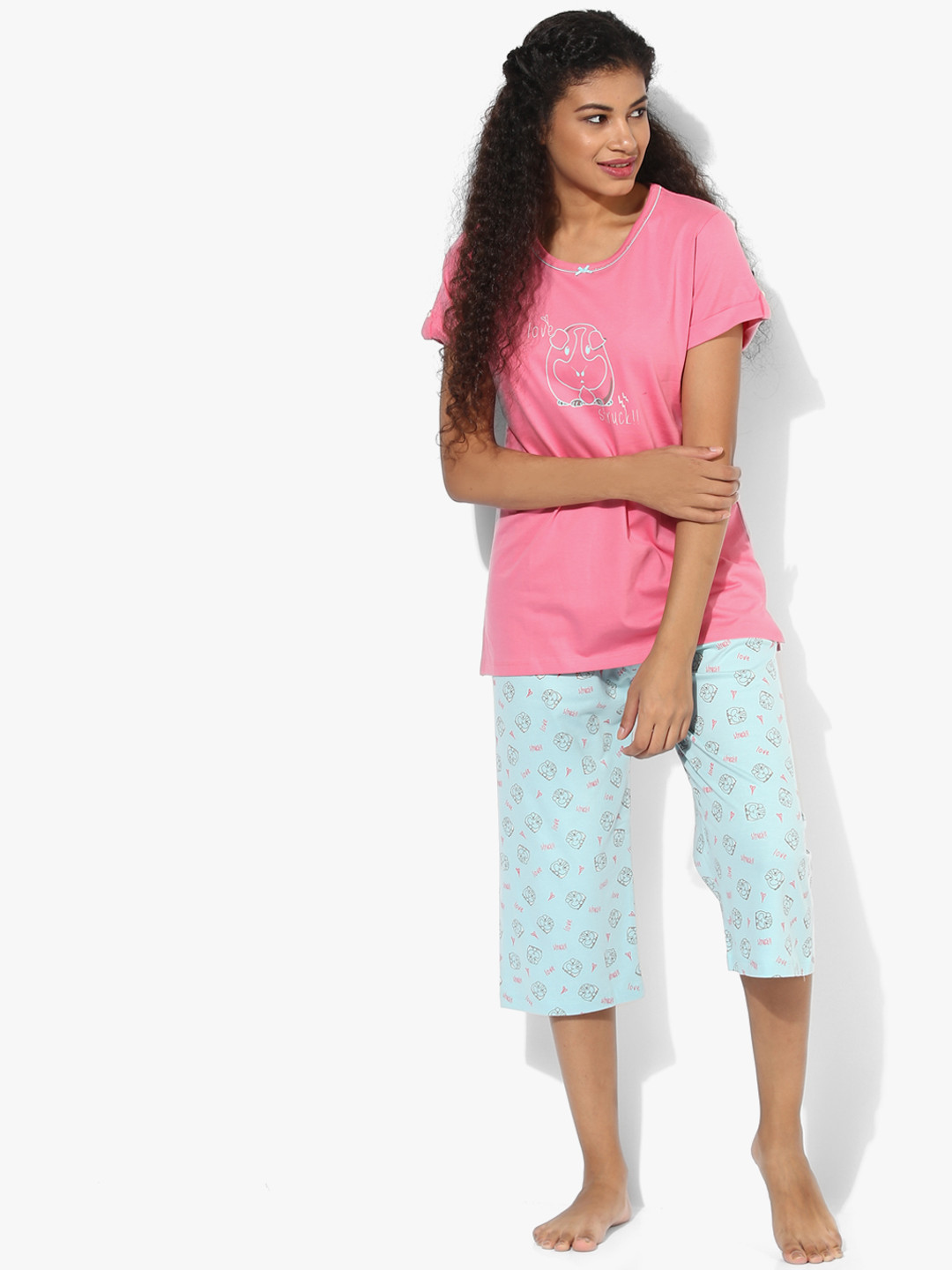 De-Nap Women Pink & Blue Printed Night suit