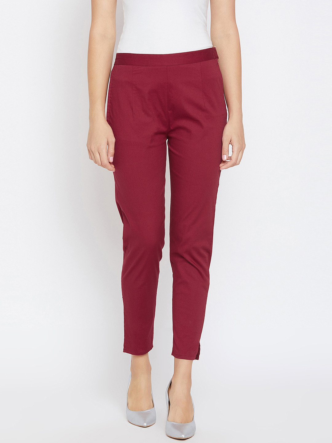 PANIT Women Maroon Smart Slim Fit Solid Regular Trousers