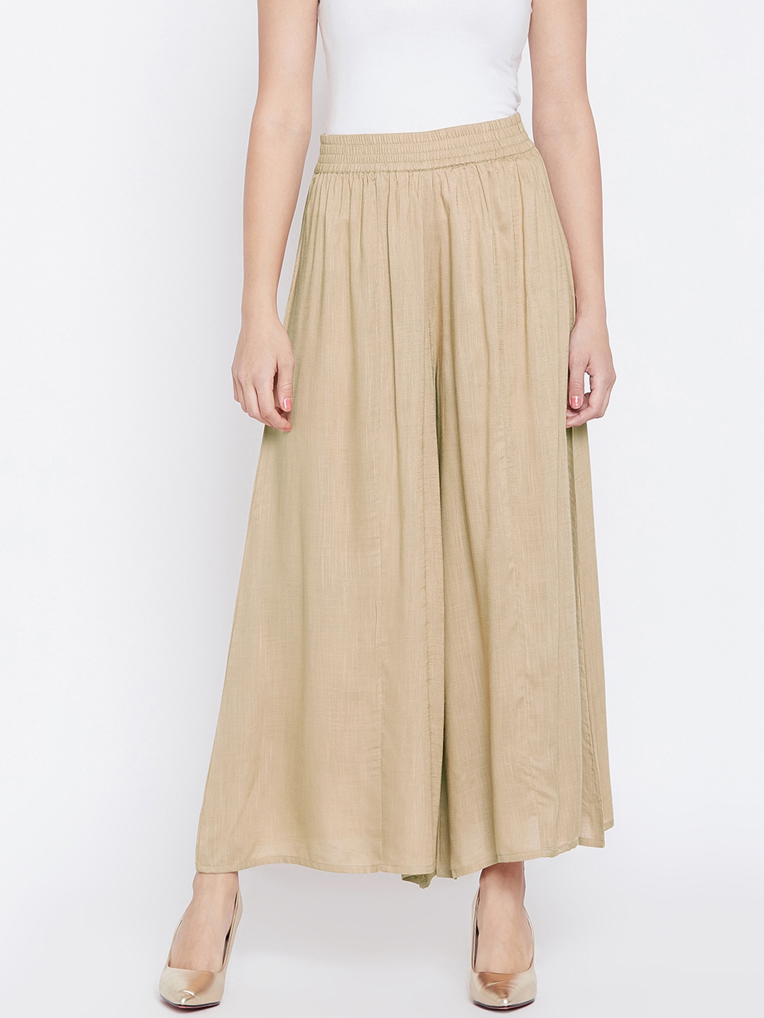 PANIT Women Beige Relaxed Flared Solid Parallel Trousers