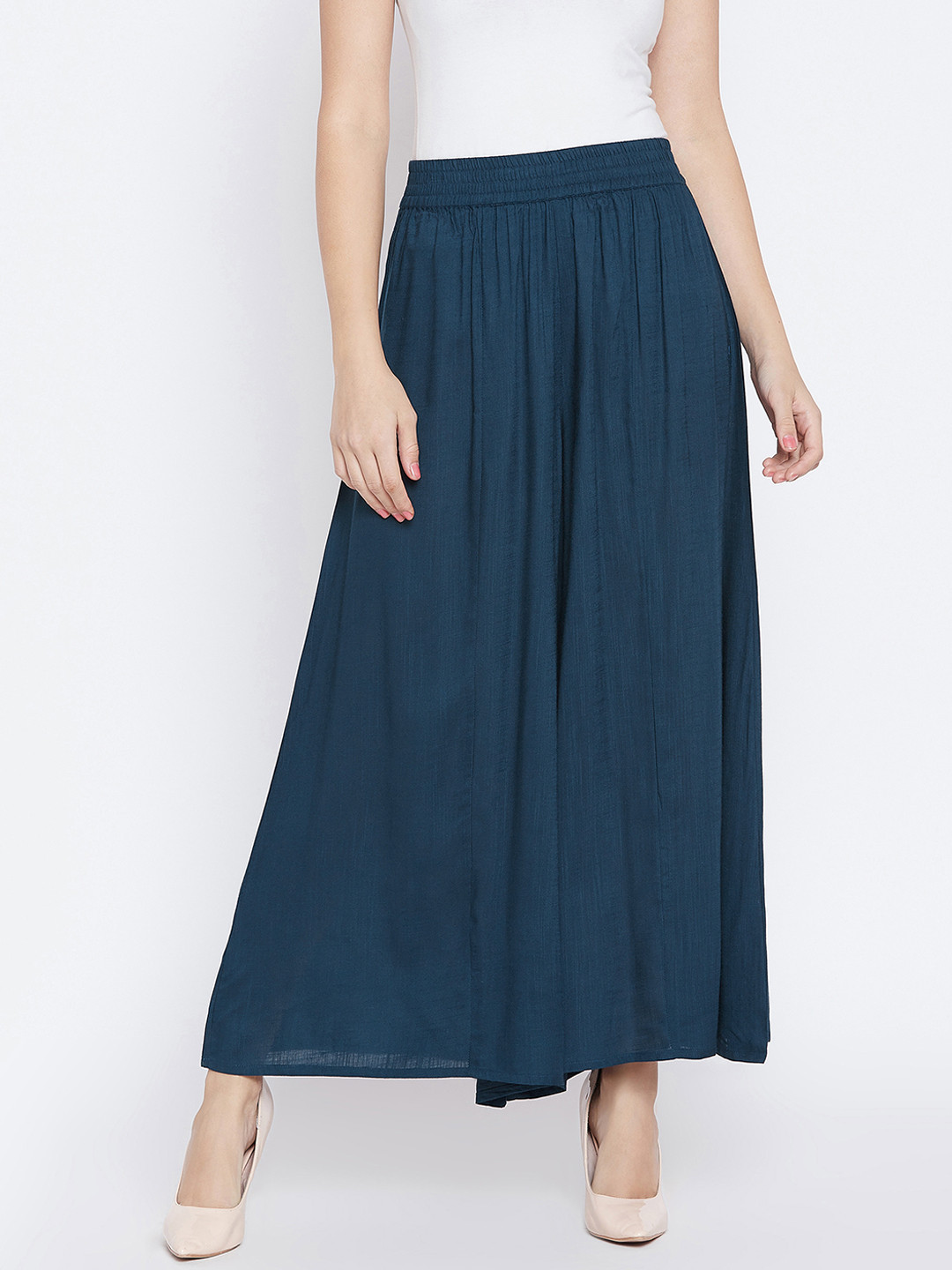 PANIT Women Teal Bkue Solid Flared Palazzos
