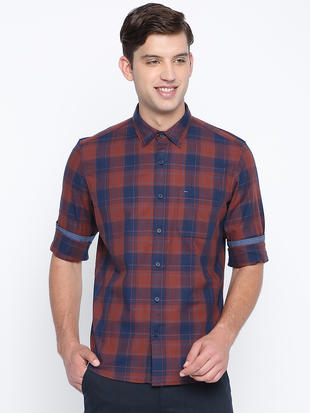 Basics Men Rust Brown & Blue Slim Fit Checked Casual Shirt
