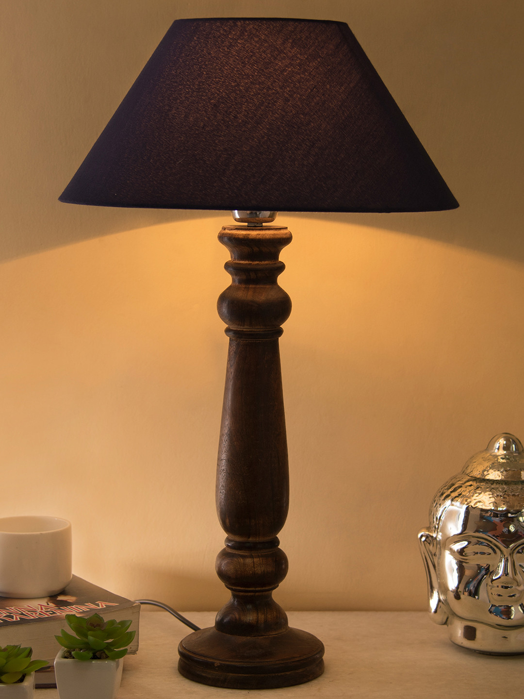 Homesake Navy Blue Solid Handcrafted Bedside Standard Table Lamp with Shade