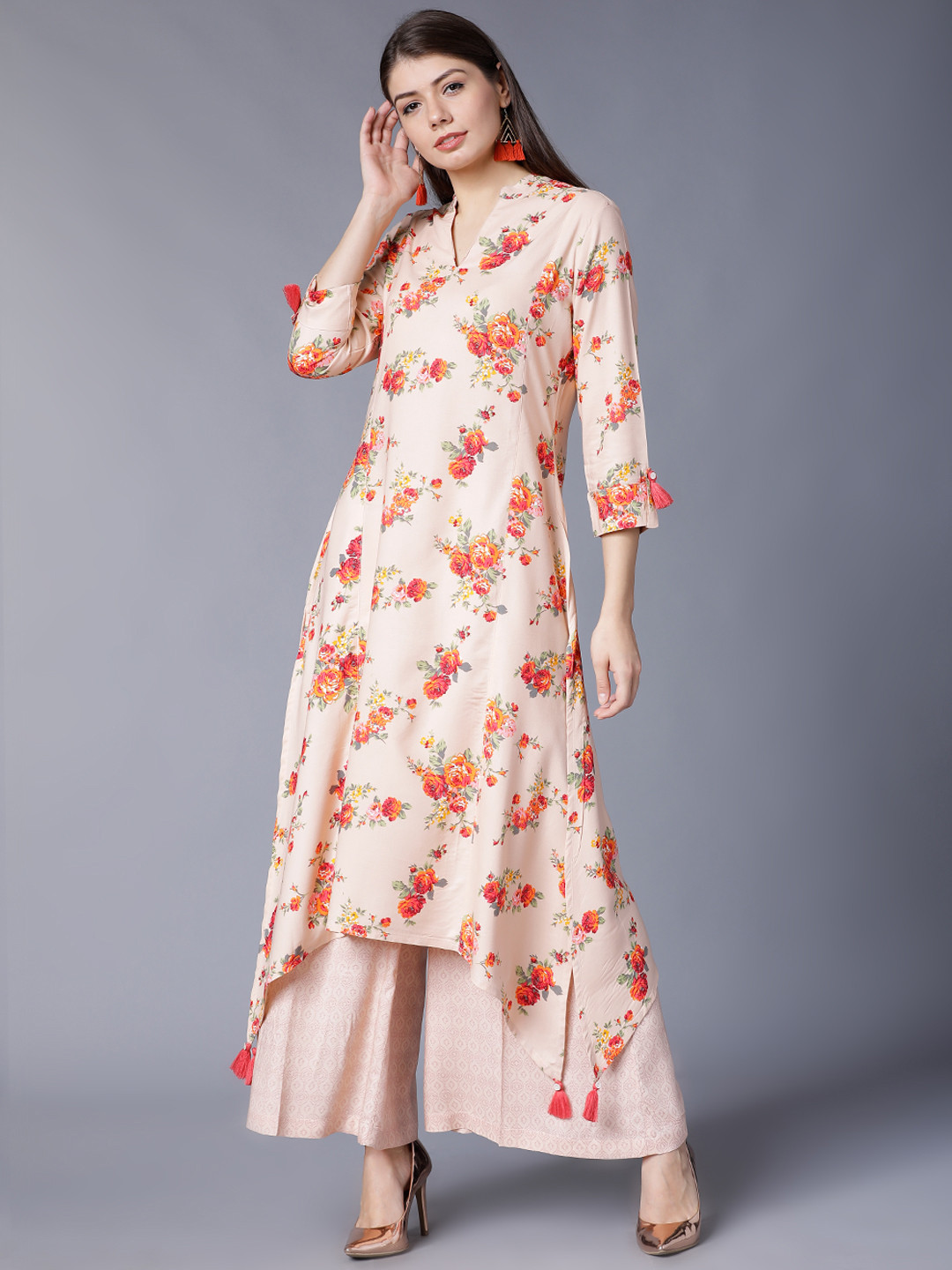 Vishudh Women Peach-Coloured & Orange Printed Kurti with Palazzos