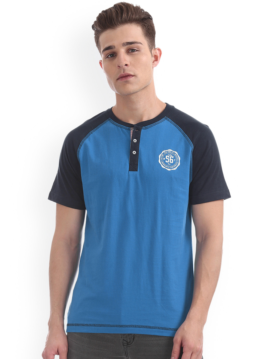 Colt Men Blue Solid Henley Neck Pure Cotton T-shirt