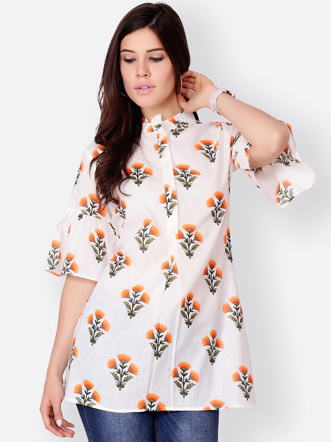 Cation Off-White & Orange Printed Bell Sleeves Tunic