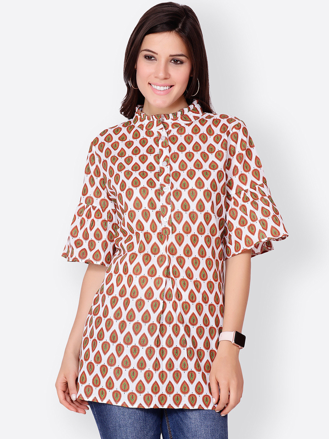 Cation Off-White & Red Printed Bell Sleeves Tunic