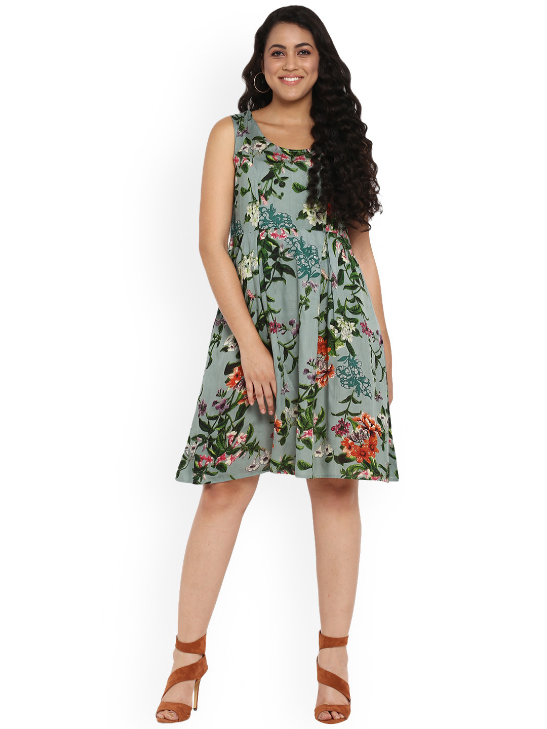 Qurvii Plus Size Women Green Printed Fit and Flare Dress