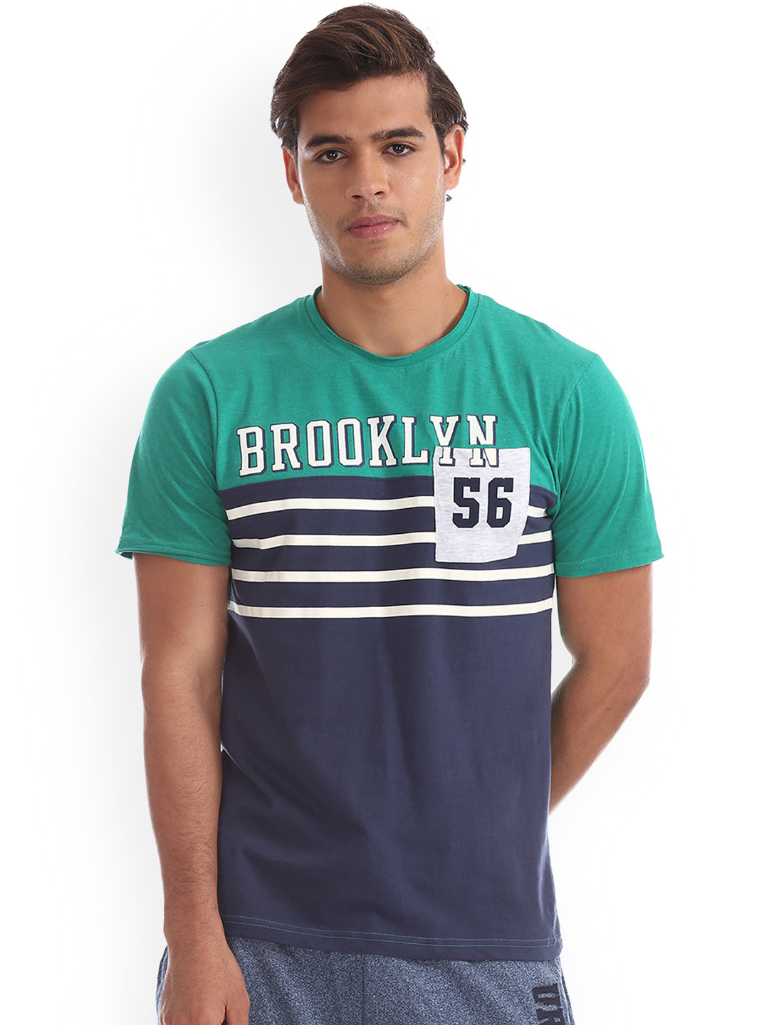 Colt Men Green Striped Round Neck T-shirt