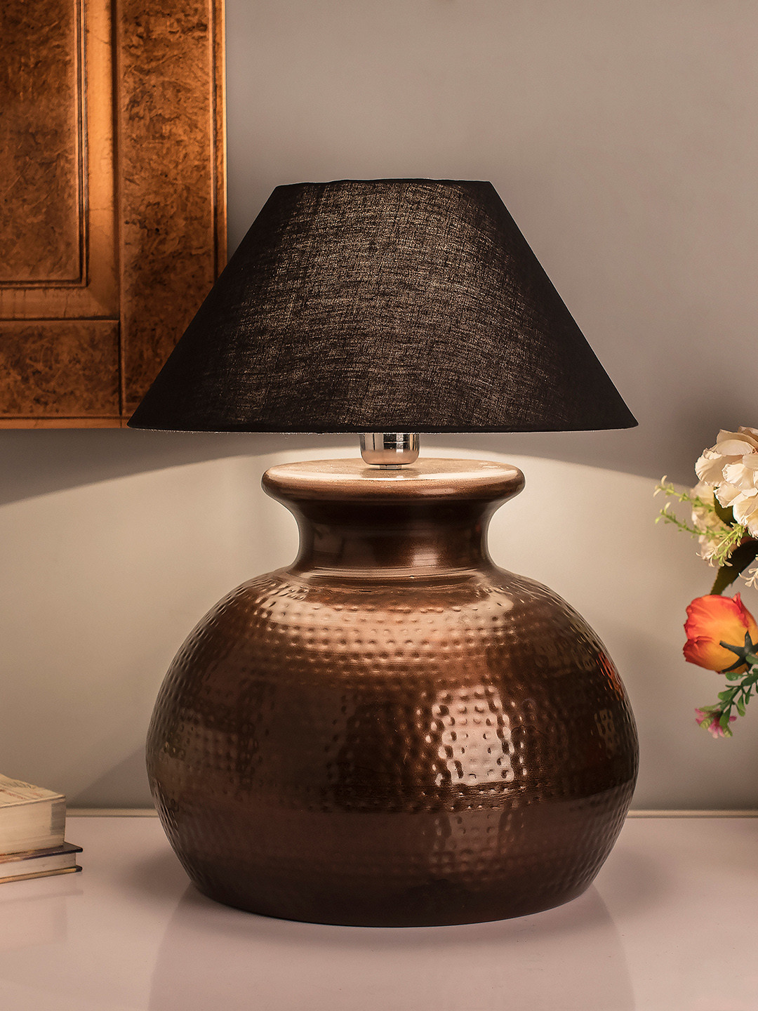Homesake Copper-Toned & Blue Textured Handcrafted Bedside Standard Table Lamp with Shade