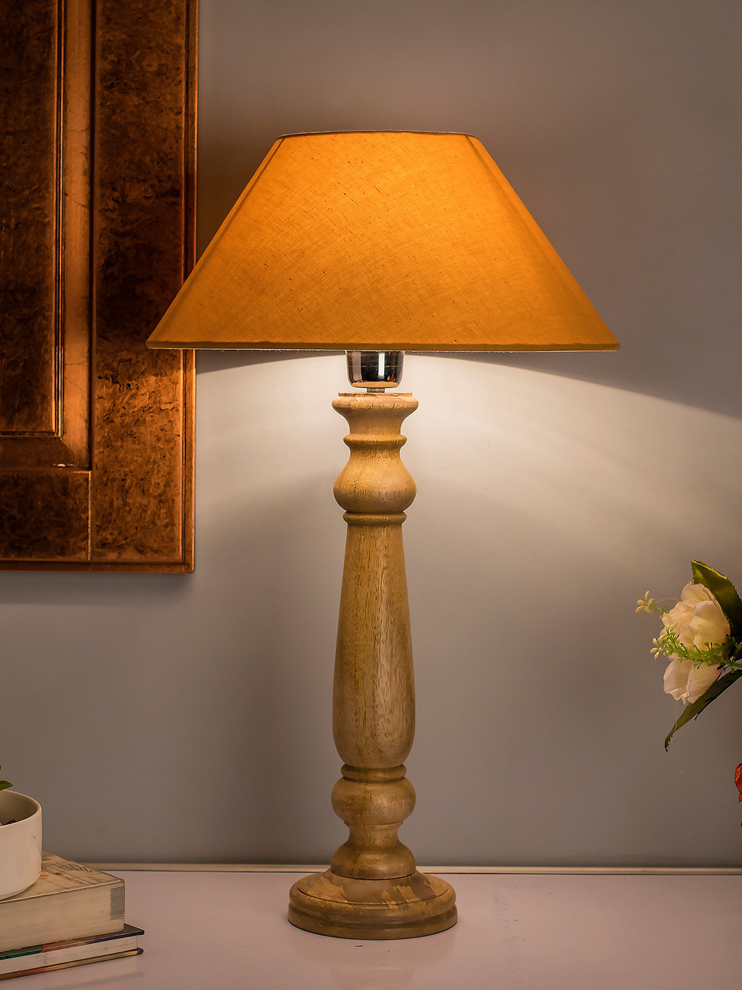 Homesake Beige Solid Mabel Rustic Wood Handcrafted Table Lamp with Shade