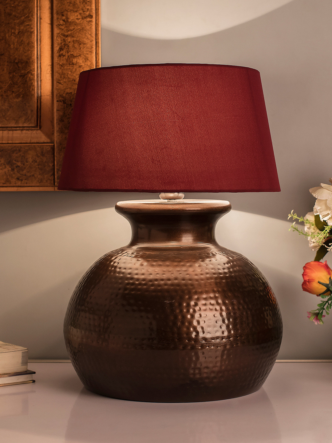 Homesake Copper-Toned & Red Textured Bedside Standard Table Lamp with Shade