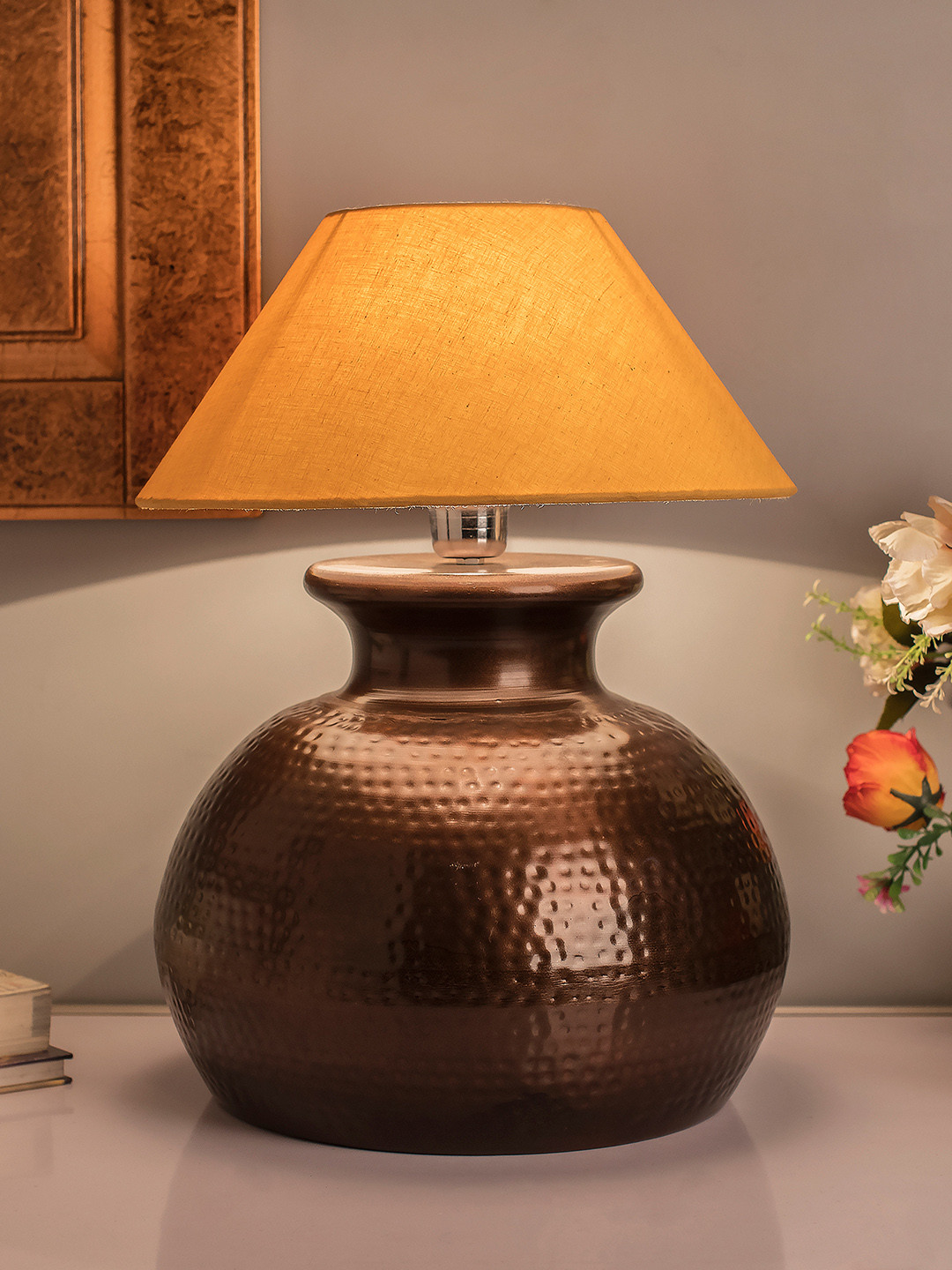 Homesake Copper-Toned & Beige Hammered Pitcher Bedside Standard Lamp with Shade