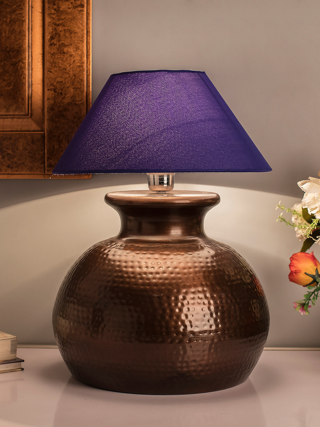 Homesake Copper-Toned & Blue Textured Handcrafted Bedside Standard Table Lamp with Shade
