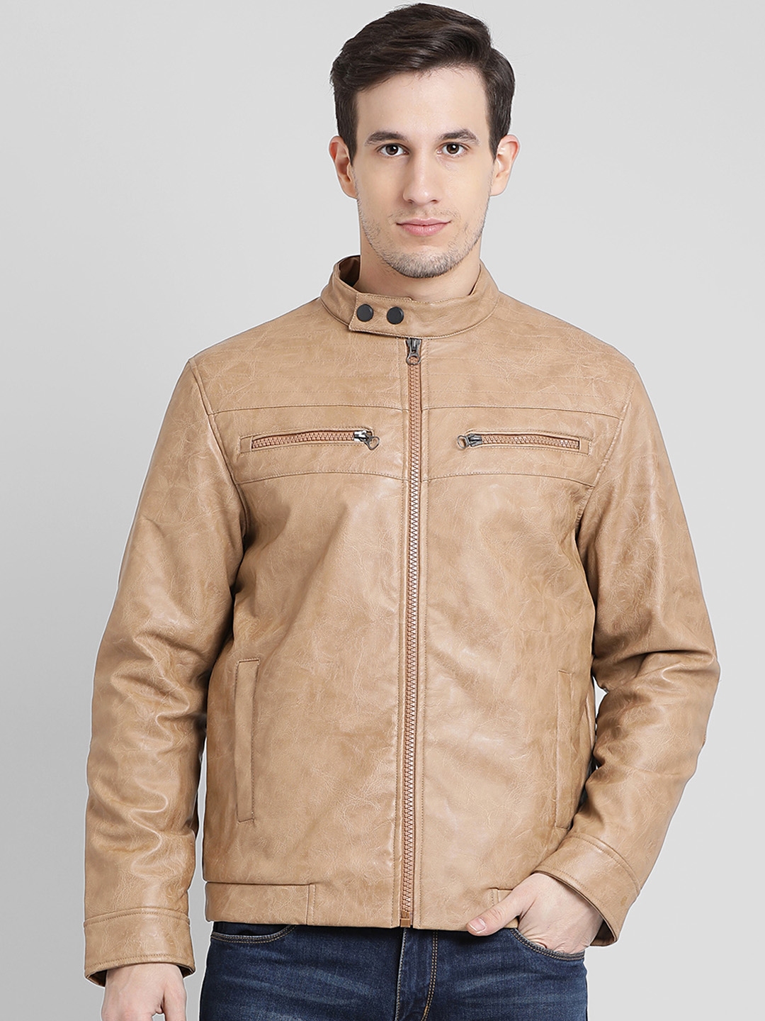 Light beige leather jacket on sale