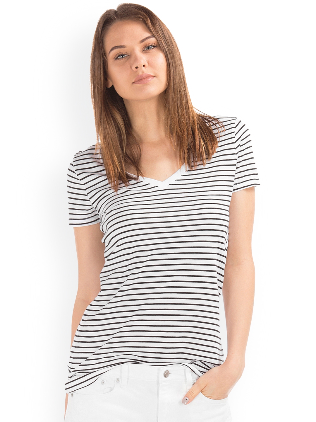 striped v neck t shirt women's