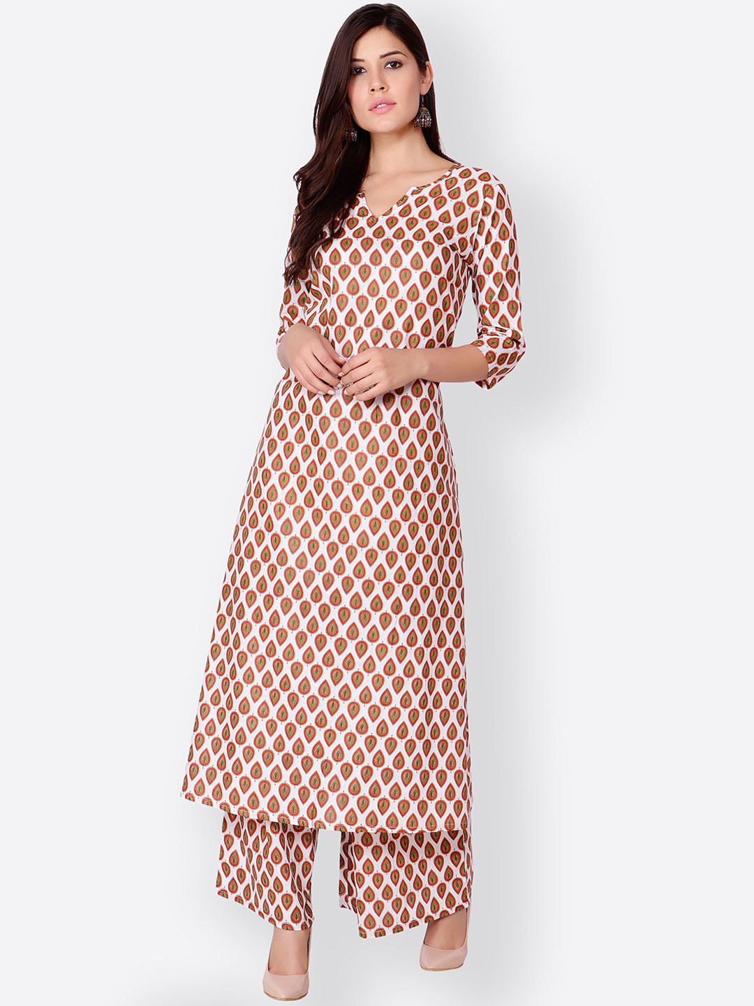 SCORPIUS Women White & Rust Printed Straight Kurta