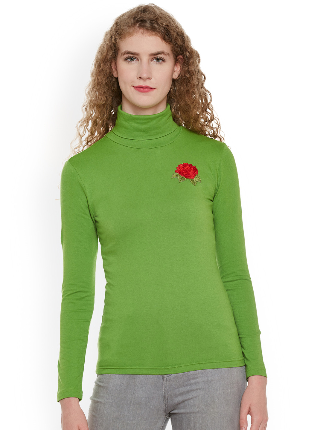 Green Solid Turtle Neck Pure Cotton 